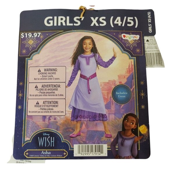 Disney Girls XS 4/5 Wish Asha Purple Long Sleeve Dress Halloween Costume - Picture 2 of 7